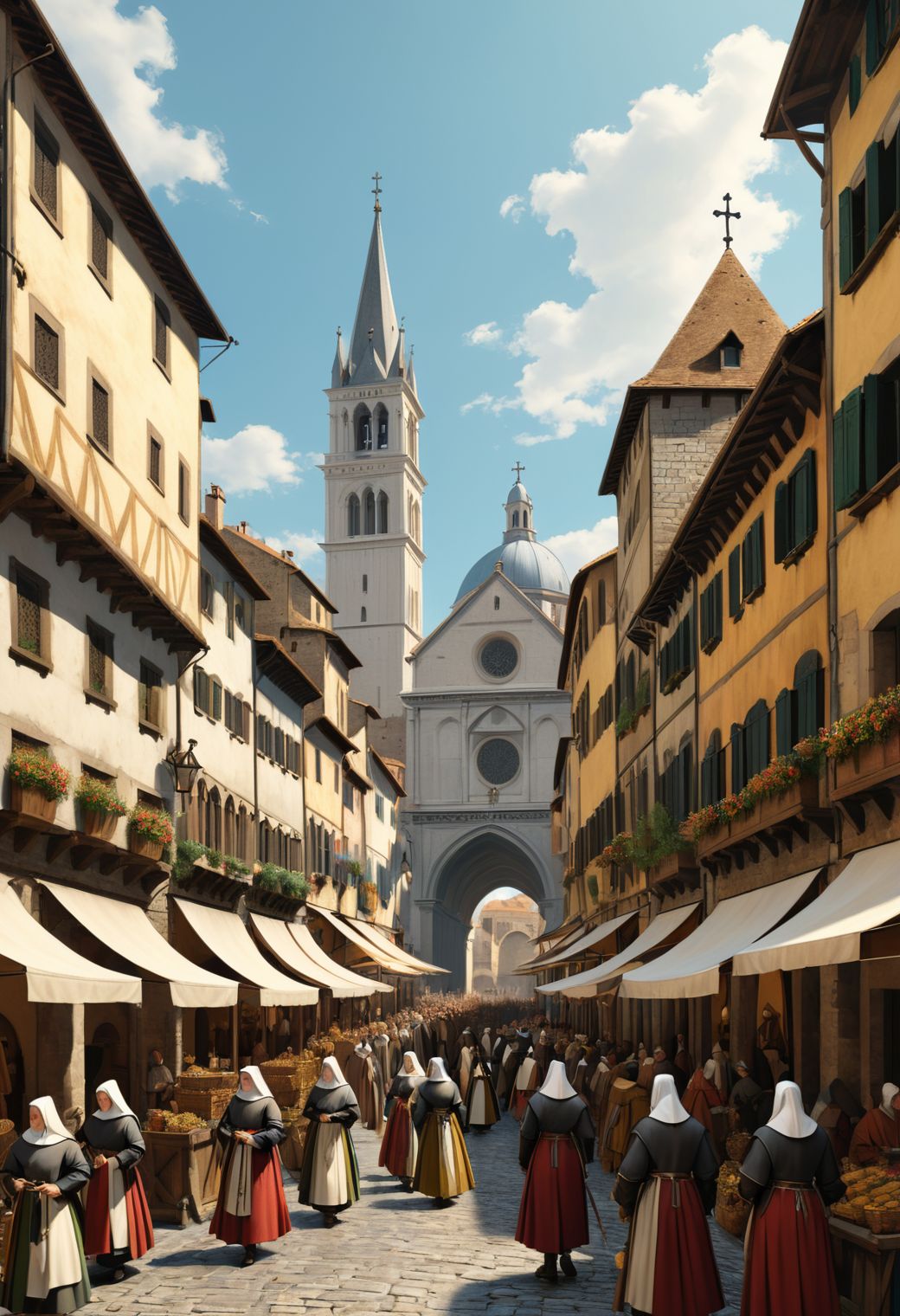 25341-440929678-a beautiful medieval city with warriors nuns, intricate, crowded, 2d, flat color, Painting by Canaletto, masterpiece. ultra deta.jpg